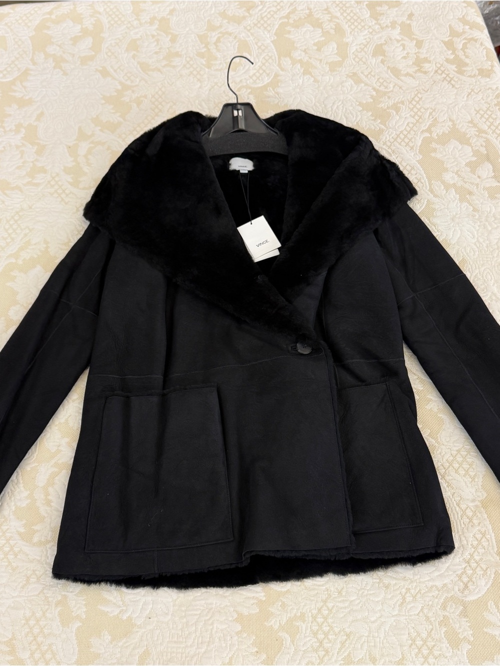 NEW Vince black shearling fur lined hooded coat sz XS S M L